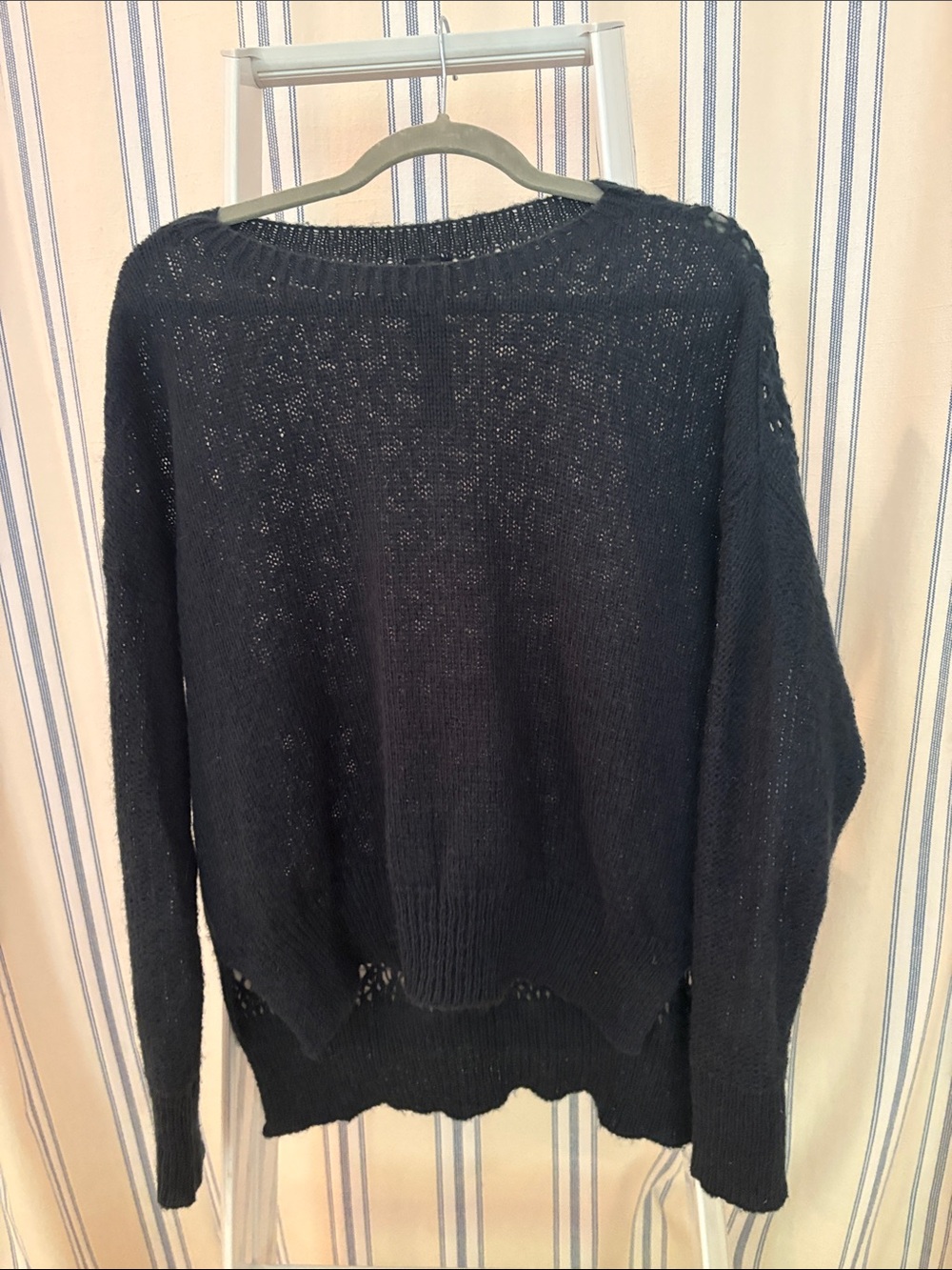 BlackBlue Empresa Women's Wool Knit Sweater - Classic Crewneck Crocheted Back